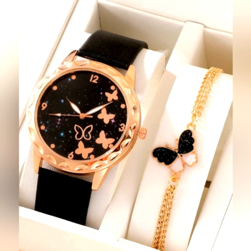*NEW* LADIES ROSE GOLD QUARTZ WATCH WITH BUTTERFLY BRACELET SET